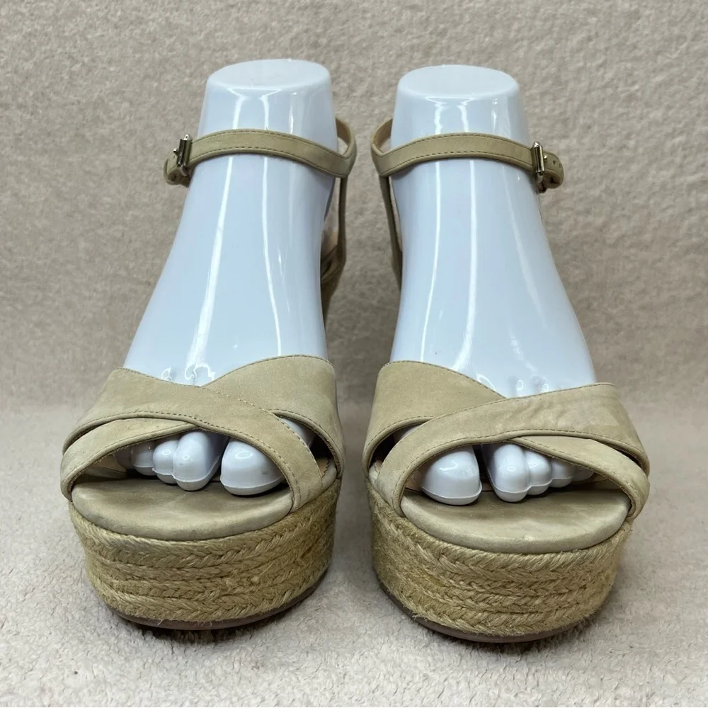 Badgley Mischka Nubuck Leather Espadrille Wedges Tan/Beige Womens 9 Formal Bride